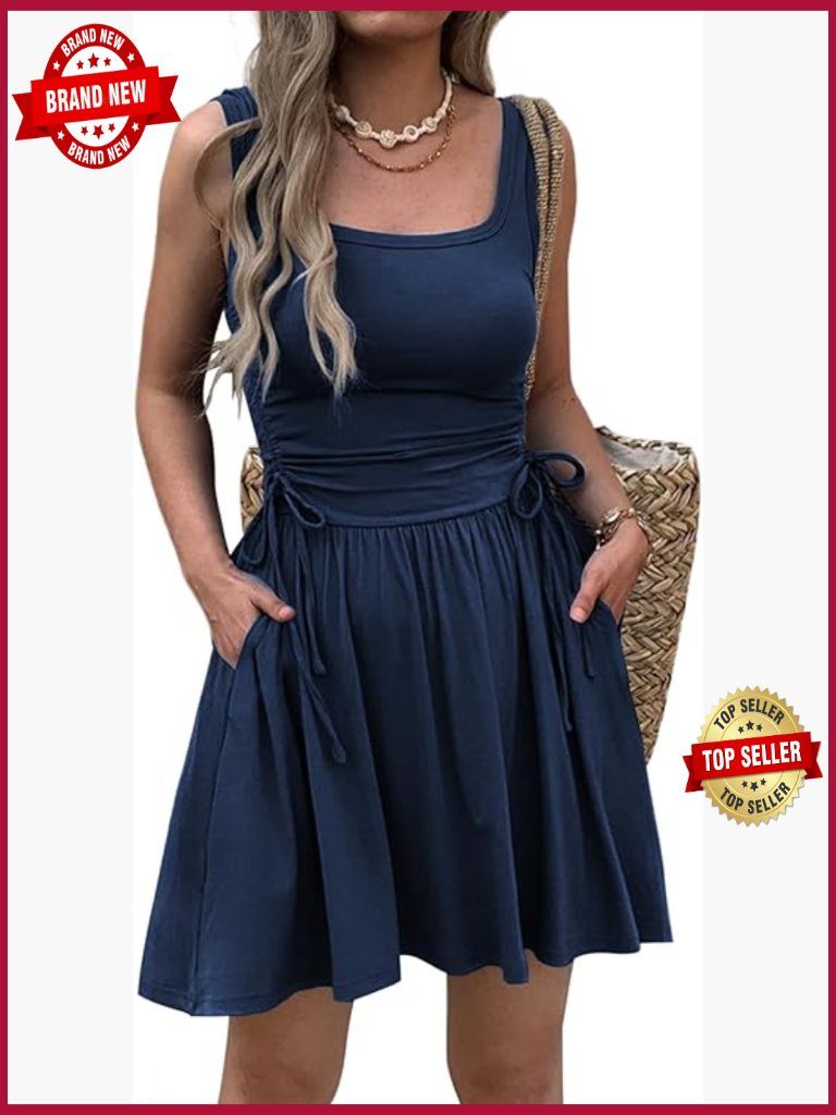 Sleeveless Mini Dress With Pockets Drawstring Waist A-Line Sundress